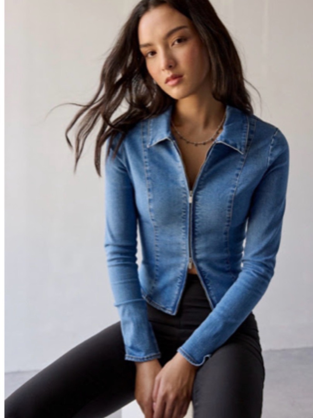 Urban Outfitters Blue Denim Zip-Front Long-Sleeve Top